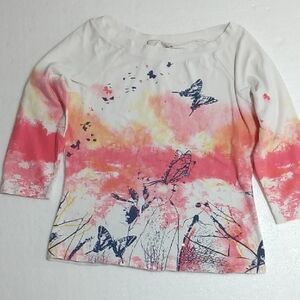 Women's 3/4 length Sleeve Butterfly Print Top - Pink and White Woman Size M